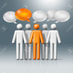 three dimensional group of stick figures people with speech bubbles, communication symbol, white and orange